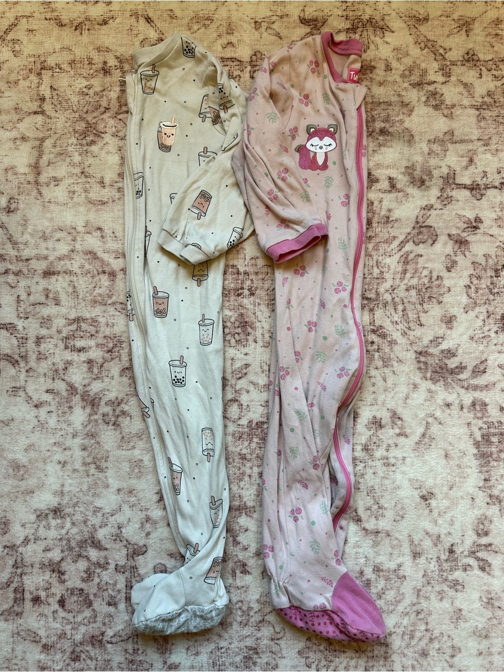 18M Tuffy/Pekkle Pink Fox Print/Bubble Tea Print Footed Sleeper Pajamas for Kids